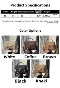 Detail showing dimensions of 21x15x11cm and five color options for the crossbody bag