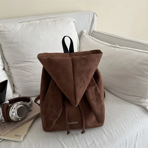 Brown faux suede backpack featuring rabbit ears hood design and white fashion print