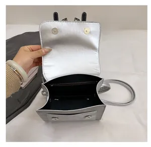 Detail of silver metallic backpack interior with magnetic snaps and zipper pocket