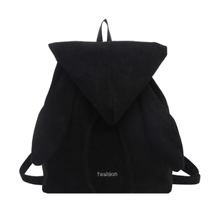 Fashionable black faux suede women backpack with stylish flap and embroidery