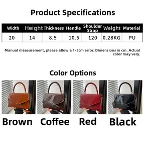 Size guide for PU leather crossbody bag featuring dimensions and four color options