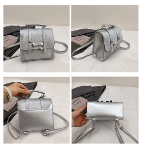 Detailed views of a silver glitter mini backpack with a metal bow and adjustable straps