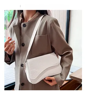 Detail showing white crocodile pattern texture and asymmetrical flap on the shoulder bag