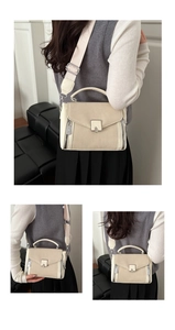 Three-angle lifestyle view of cream canvas crossbody bag with wide fashion strap