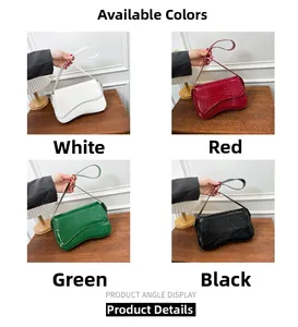 Detail view of four crocodile pattern shoulder bags in white, red, green and black