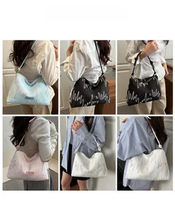 Six-grid display showing multiple colors of textured embroidery tote bags on models