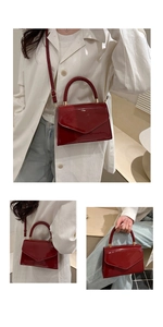 Three-way view of glossy burgundy leather bag worn as crossbody, shoulder and handbag