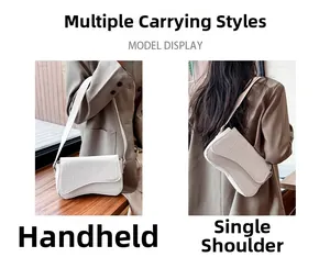 Detail showing white crocodile pattern handbag with elegant curved base in dual carrying styles