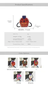 Detail view of cupcake shaped crossbody bag with dimensions 11x16x5cm and color variations