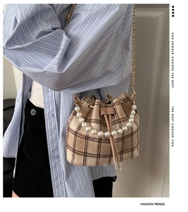Detail of plaid bucket bag featuring pearl handle and gold chain strap worn with blue shirt