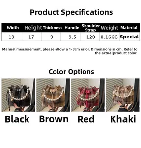 Detailed size chart for plaid bucket bag showing dimensions, weight, and strap length