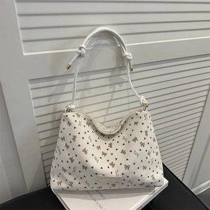 Retro corduroy tote bag with brown bow prints and rope shoulder strap for women