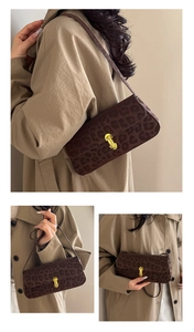 Three-way view of a brown leopard print shoulder bag with a gold metal vertical lock