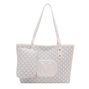 White tote bag set with M letter monogram print and matching small pouch accessory