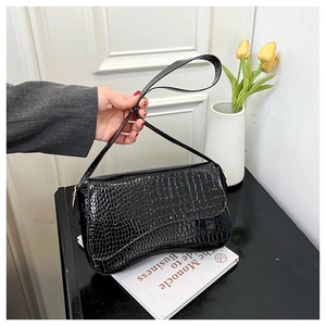 Detail of glossy black crocodile embossed texture on a sleek rectangular handbag