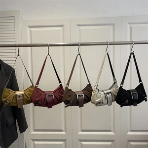 Vintage Retro Faux Suede Underarm Bag For Women Pleated Motorcycle Shoulder Bag With Large Metal Buckle Fashion Hobo Handbag
