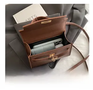 Internal view of brown lychee grain handbag showing capacity for phone and wallet