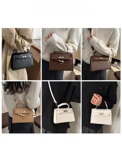 Collage of six versatile Kelly-style handbags in various colors with model poses