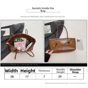 Detailed size guide and interior capacity view of a stylish brown leather tote bag