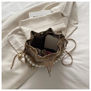 Interior view of tweed bucket bag showing space for phone, lipstick, and compact powder