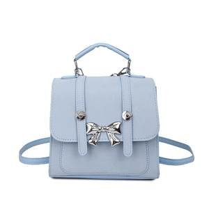 Mini sac à dos bleu clair en similicuir avec nœud argenté et poignée pour femmes