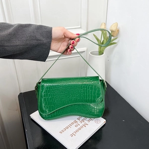 French style green crocodile pattern underarm bag with glossy patent leather finish