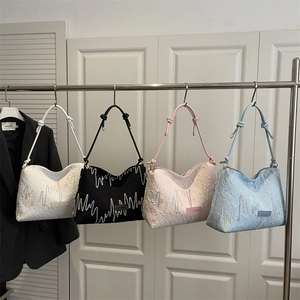 Women Underarm Shoulder Bag Embossed Synthetic Leather Wave Line Embroidery Knotted Strap Zipper Closure