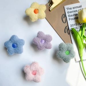 Colorful plush flower phone grip holder set in pink, purple, blue and yellow