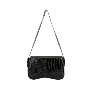 Chic black crocodile embossed underarm bag with a unique wavy base and glossy finish