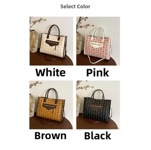 Collage of large tote bags in four colors with bear print and leather strap details