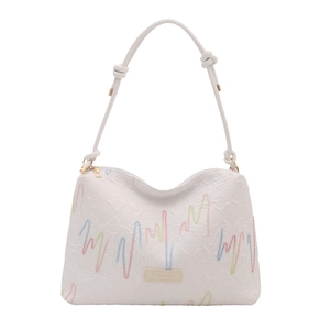 White embroidered tote bag with colorful wavy patterns and knotted strap for daily fashion