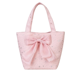 Pink large capacity tote bag with oversized bow and silver star patterns on white background