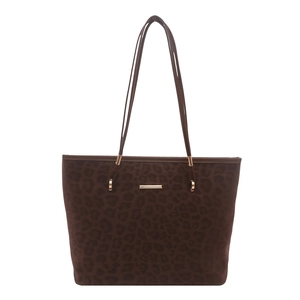 Retro leopard print tote bag with brown velvet texture and elegant gold metal trim details