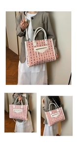 Pink tote bag with monogram pattern showing shoulder and handbag carry styles