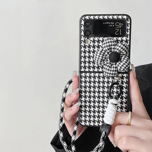 Houndstooth Folding Phone Case For Samsung Galaxy Z Flip Fold With Large Flower Bowknot Lanyard Chic Anti-drop