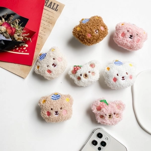 Plush teddy bear phone socket set with cute embroidery and 3D fruit decorations