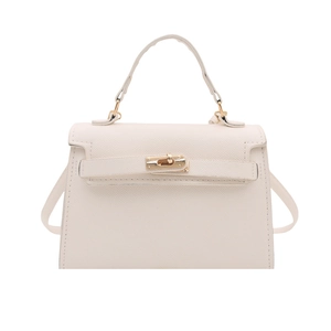 Elegant cream Saffiano leather trapeze bag with golden lock and detachable shoulder strap