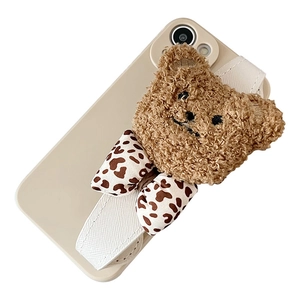 Cute teddy bear phone case for iPhone with plush brown bear and white leather wrist strap