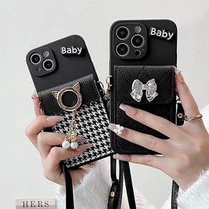 Chic iPhone case with crossbody strap, houndstooth fabric, and 3D Baby letter decor