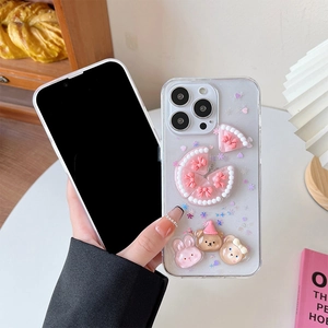 Coque iPhone transparente avec paillettes et décorations 3D de lapin et gâteau mignon