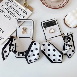 Polka dot ribbon case for Samsung Z Flip with leather texture and bear charm