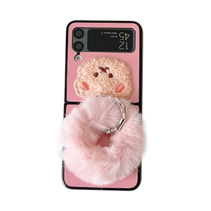 Pink plush bear folding phone case for Samsung Z Flip with fluffy wrist strap handle