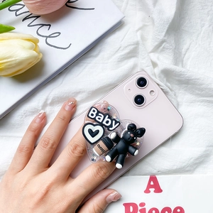 Glittery heart phone grip with cute 3D bunny and coffee decor on pink smartphone