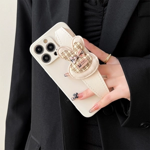 Chic cream white iPhone case with stylish plaid bunny wrist strap and bow accent