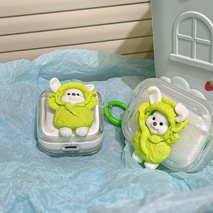 Cute cartoon cabbage bear silicone clear case for AirPods Pro 3 with green keychain loop