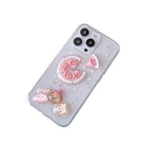 Coque iPhone transparente avec lapin, ours et gâteau 3D en résine et paillettes