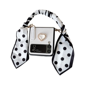 White leather fold case for Samsung Z Flip with heart pearl and ribbon handle