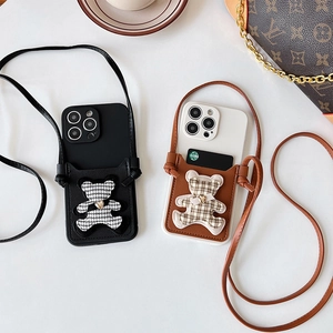 Plaid bear wallet phone case for iPhone with card slot and crossbody leather strap
