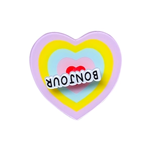 Colorful multi-layer heart-shaped phone grip stand with Bonjour text on white background
