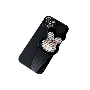 Black iPhone case featuring a chic plaid rabbit wristband strap with Baby Happy design